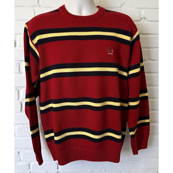 Vintage Mens Rugby Tommy Hilfiger Sweater Stripes Crest Preppy Academia Large - Picture 1 of 13